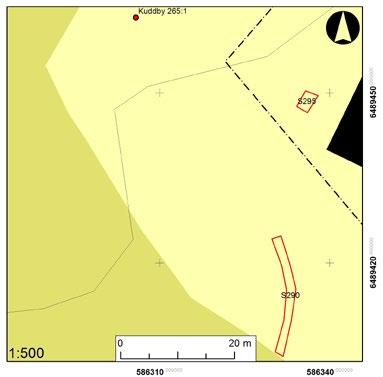 Arkeologgruppen rapport 2014:04 Figur 4. Plan över de grävda schakten vid Kuddby 265:1. Skala 1:500. brända sopor. Man hade tydligen tidigare använt platsen som bålplats.