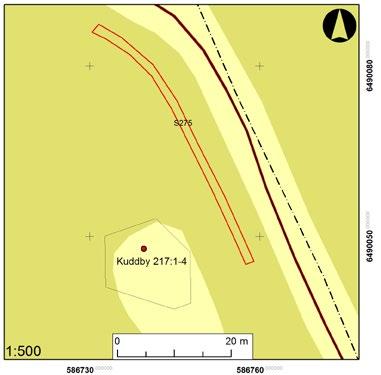 Schaktningsövervakning i Kuddby Figur 5. Plan över det grävda schaktet vid Kuddby 216:1 3 och Kuddby 217:1 4. Skala 1:500.