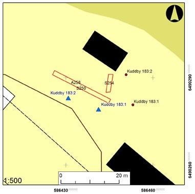 Arkeologgruppen rapport 2014:04 Figur 6. Plan över de grävda schakten vid Kuddby 183:1 2.