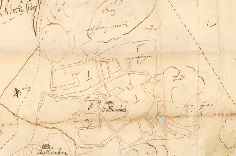 Figur 5. Utsnitt från Arealavmätning från 1655 med Gullhamra i mitten. Bytomten för Gullhamra är idag övergiven och motsvarar Grödinge 82:1. Gravfälten i socknen karterades under åren 1941 och 1942.