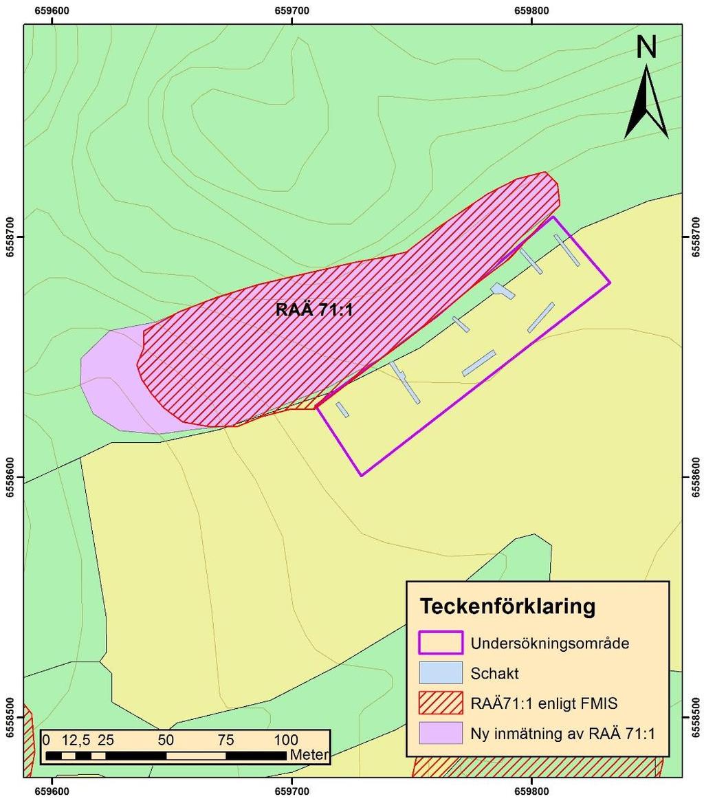 Genomförande Fältarbetet bestod av utredningsgrävning av sökschakt med grävmaskin. Sammanlagt grävdes 8 schakt med en längd av 6 till 20 meter och en bredd av 1,5 till 4 meter.