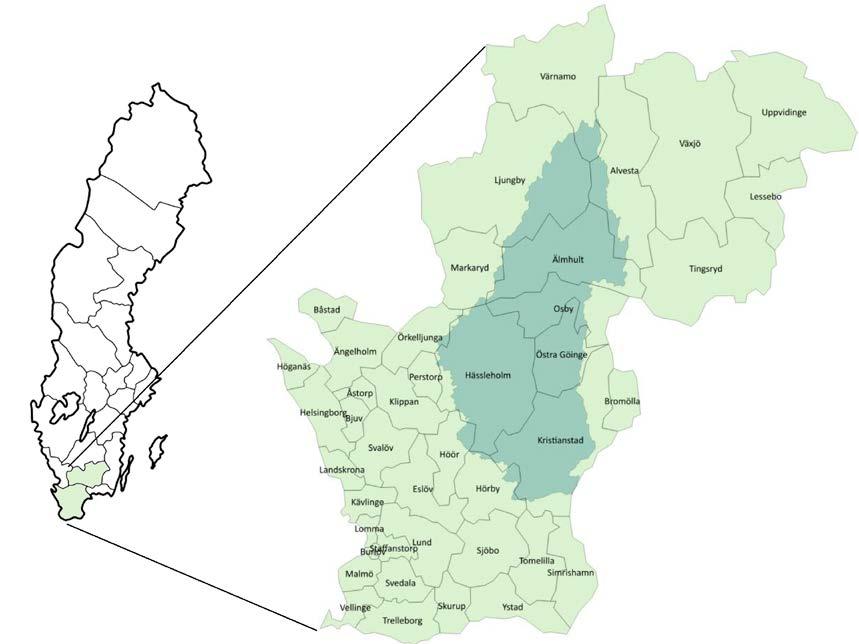 Figur 3. Karta över Helgeåns avrinningsområde, som visar hur detta sträcker sig över 13 olika kommuner.