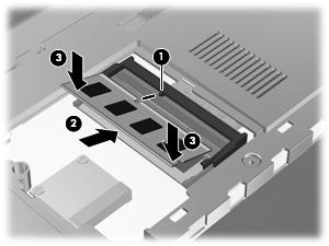 c. Tryck försiktigt minnesmodulen (3) nedåt. Fördela trycket över vänster och höger kant på modulen tills platshållarna snäpper fast. 8.