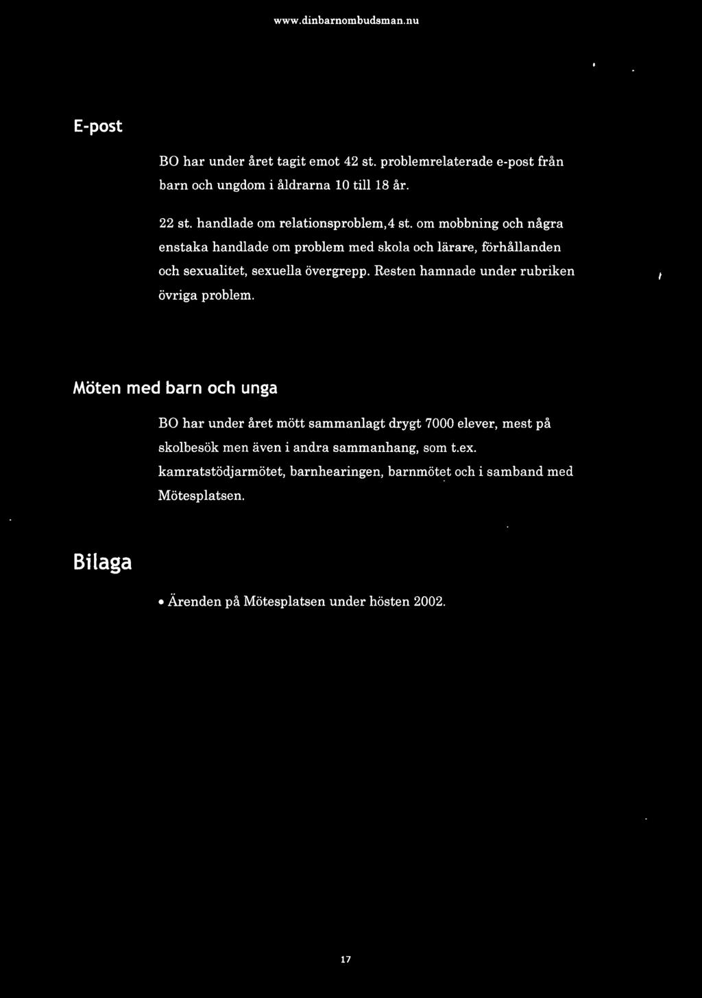 E-post BO har under året tagit emot 42 st. problemrelaterade e-post från barn och ungdom i åldrarna 10 till 18 år. 22 st. handlade om relationsproblem,4 st.