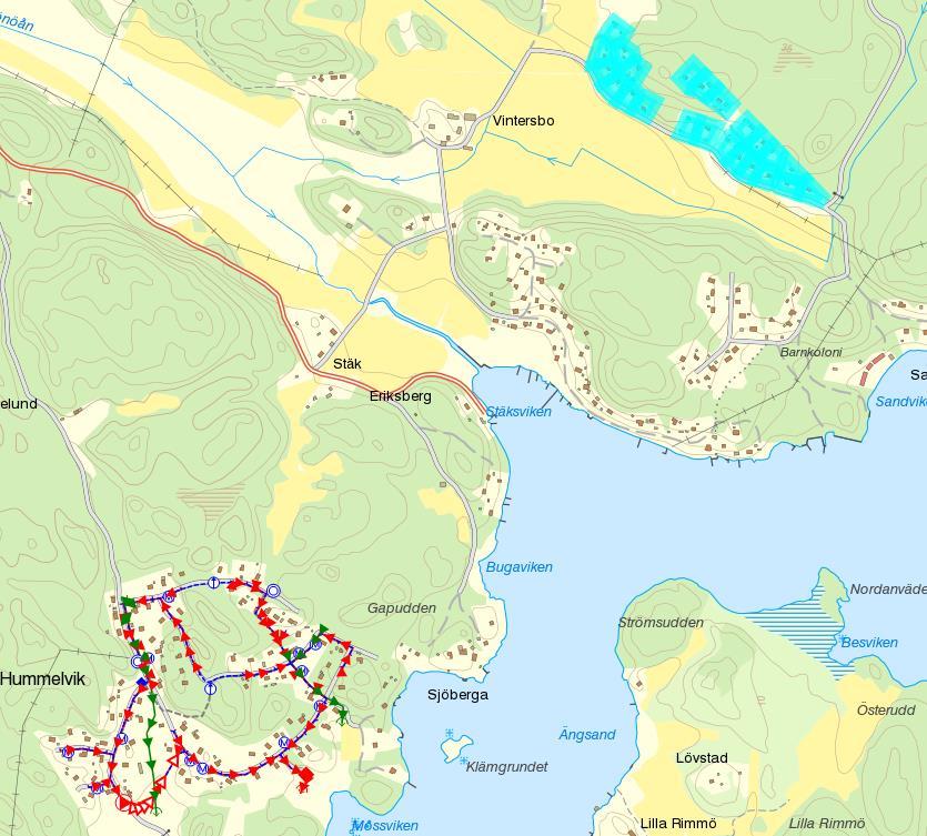 13 (20) Figur 9. Kartan visar fastigheterna i Vintersbo Norra markerat i blått. Figuren i söder döljer ledningsnätet i Lilla Hummelvik. 4.