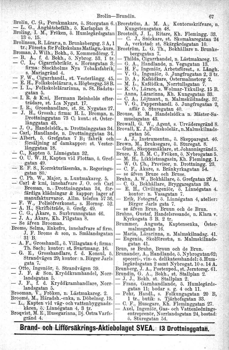 Brolin-Brundin. 67 -Brolin, C. 51., Perukmakare, ö. Storgatan 6. Brorström, A. M. A., Kontorsskrifvare,n..- L. G., Angbåtsbefälh., ö. Karlaplan S. Kungstensgatan 4S. ' Broling, I. M.,' Fröken, ö.