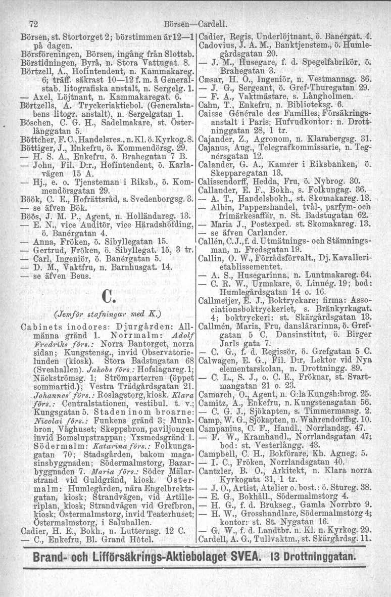 72 Börsen-Cardell. Börsen, st. Stortorget 2; börstimmen är 12-11 Cadier, Regis) Underlöjtnant, Ö. Banergut. 4. på <lagen. Cadovius, J. A. M., Banktjenstem., Ö. Humle- Börsföreningen, Börsen, ingång från Slottsb.