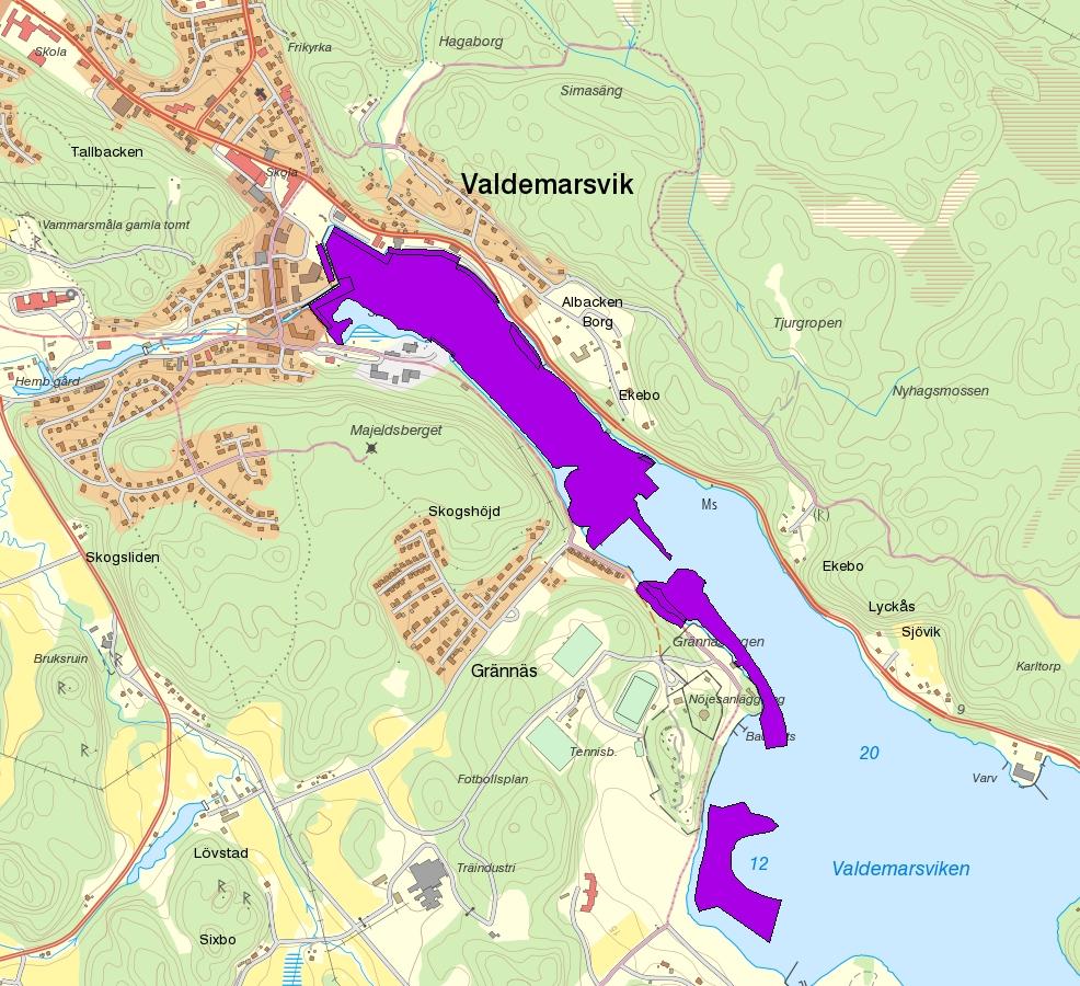 förslaget att kommunerna en gång om året, i samband med regionala programmet, skickar koordinater och slutrapporter till Länsstyrelsen. Figur 2. Åtgärdade ytor i sediment och på land i Valdemarsviken.