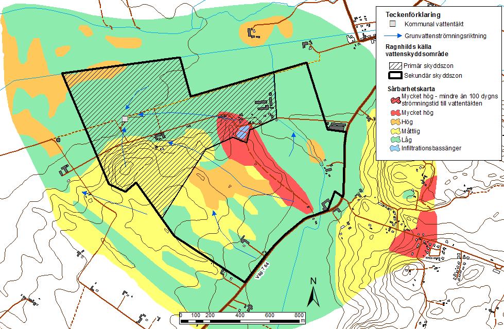 Figur 4 Grundvattensårbarhetskarta för området kring Ragnhilds källa från 2015, Sweco. 4 Risker för vattentäkten 4.1 Allmänt Med risk menas här en möjlig fara från en verksamhet eller ett förhållande.
