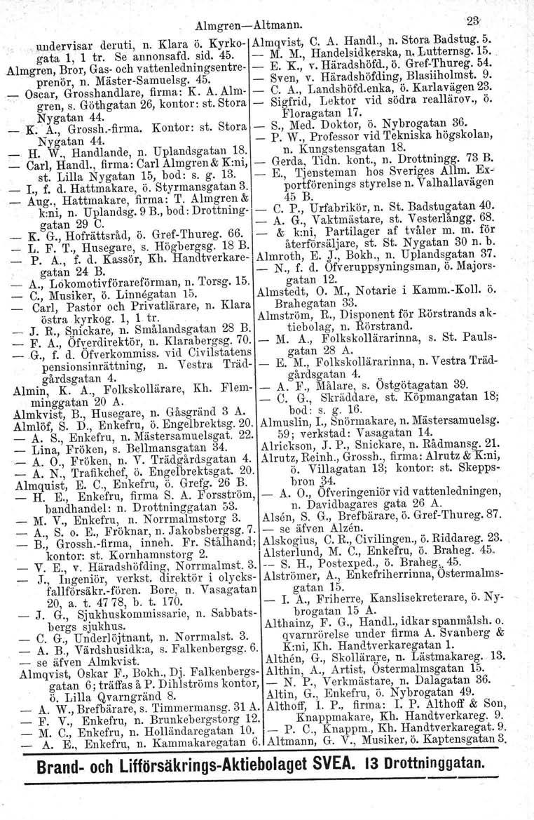 Almgren-Altmann. 23, undervisar deruti, n. Klara ö. Kyrko- Almqvist, C. A. Handl., n. Stora Badstug. 5. gata 1, 1 tro Se annonsafd. sid. 45. - M. M., Handelsidk~r~ka, n.ijutternsg. 15.