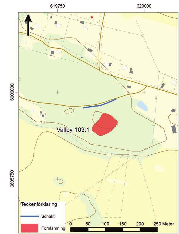 Undersökningsresultat Vallby 103:1 Schaktningsövervakningen omfattade en cirka 100 meter lång sträcka norr om gravfältet Vallby 103:1.