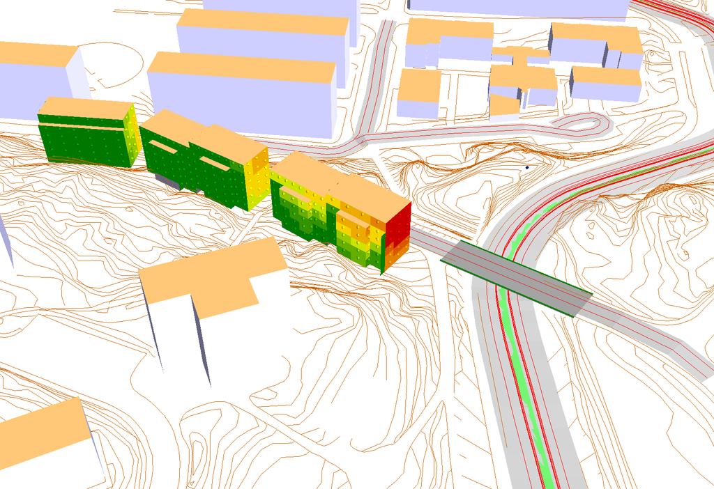 Göteborg Nybyggnad av bostäder Ekvivalent ljudnivå på fasad, frifält, väg och spårvagn Vy från sydväst Ljudnivå vid fasad LAeq i db ref.