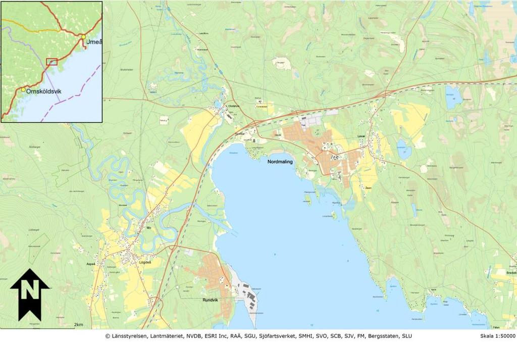 2018-06-05 5 (18) Översiktskarta. Aktuellt område markeras med rött. Markägoförhållanden Fastigheter som omfattas av planområdet är Mo 3:85, Rundvik 1:1, Lögdeå 8:51 och Lögdeå s:9.