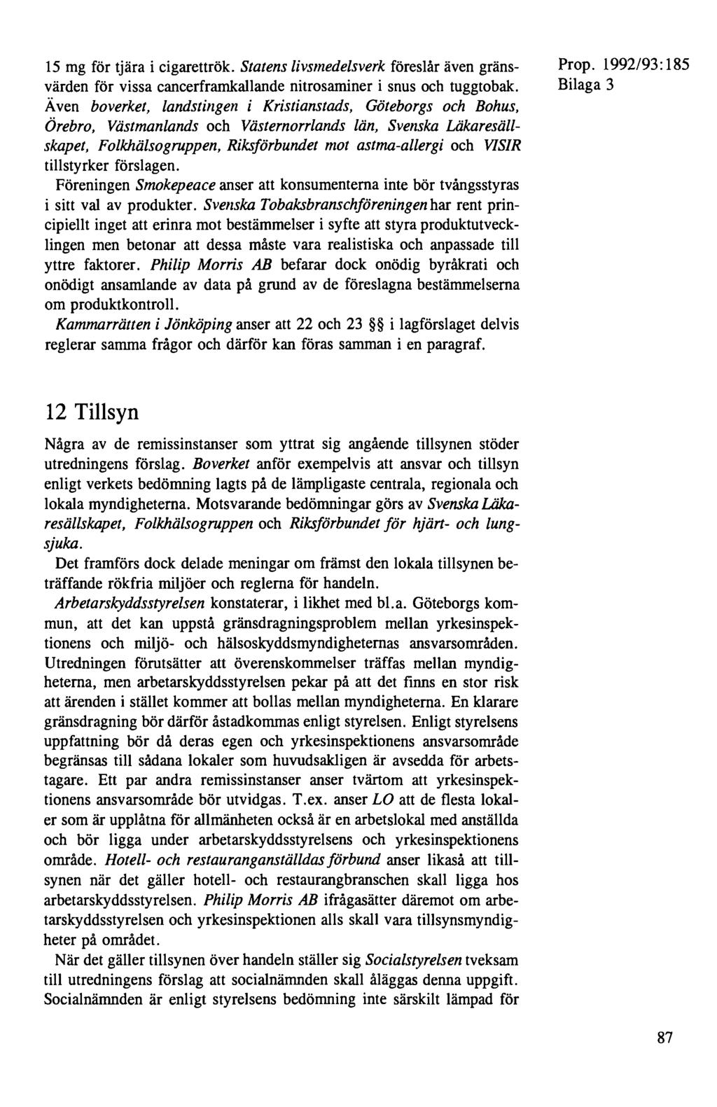 15 mg för tjära i cigarettrök. Statens livsmedelsverk föreslår även gränsvärden för vissa cancerframkallande nitrosaminer i snus och tuggtobak.