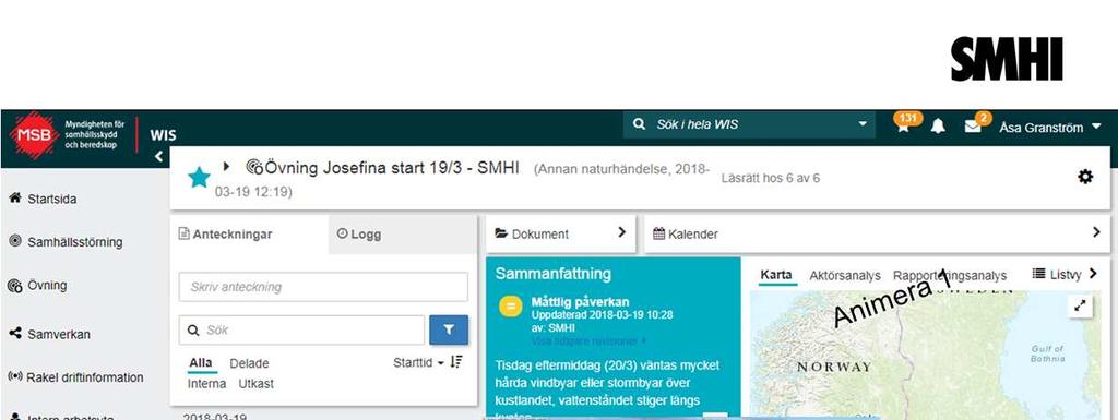 Skärmdump från SMHIs yta i WIS Underlaget har förmedlats genom en film som bilaga till en anteckning (animering 1).