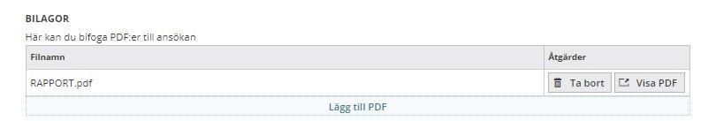 Att bifoga dokument som PDF (kommer inom kort) Tryck på Lägg till PDF under rubriken Bilagor. Se separat instruktion för hur du omvandlar bilder i din telefon till PDF. Lägg till önskat PDF-dokument.