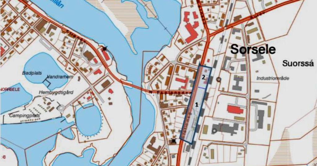 Projektet omfattar - Rastplats (1) och kommunal yta (2) på området mellan E45 och Inlandsbanan i Sorsele tätort