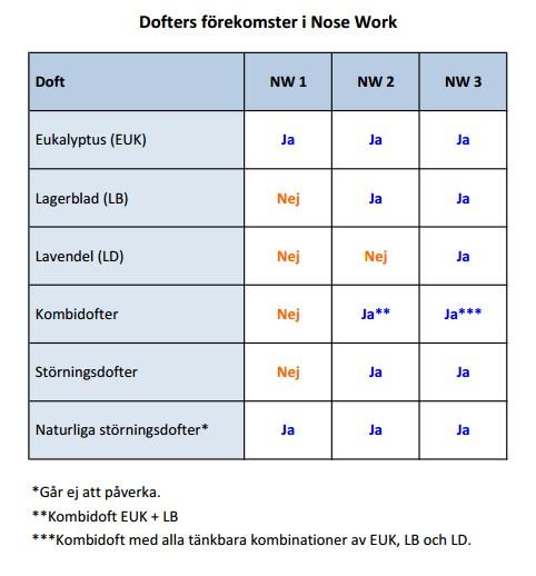 14. TÄVLINGSKLASSER Nose Work delas in i tre tävlingsklasser med ökande svårighetsgrad: NW1, NW2 och NW3. Varje klass består av fyra olika moment: behållarsök, inomhussök, utomhussök och fordonssök.