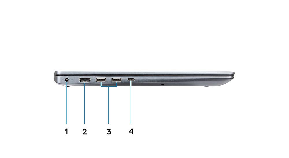 5 Bildskärm Vänster sida Figur 2. Vänster sida Nätadapterport HDMI 2.0 port USB 3.