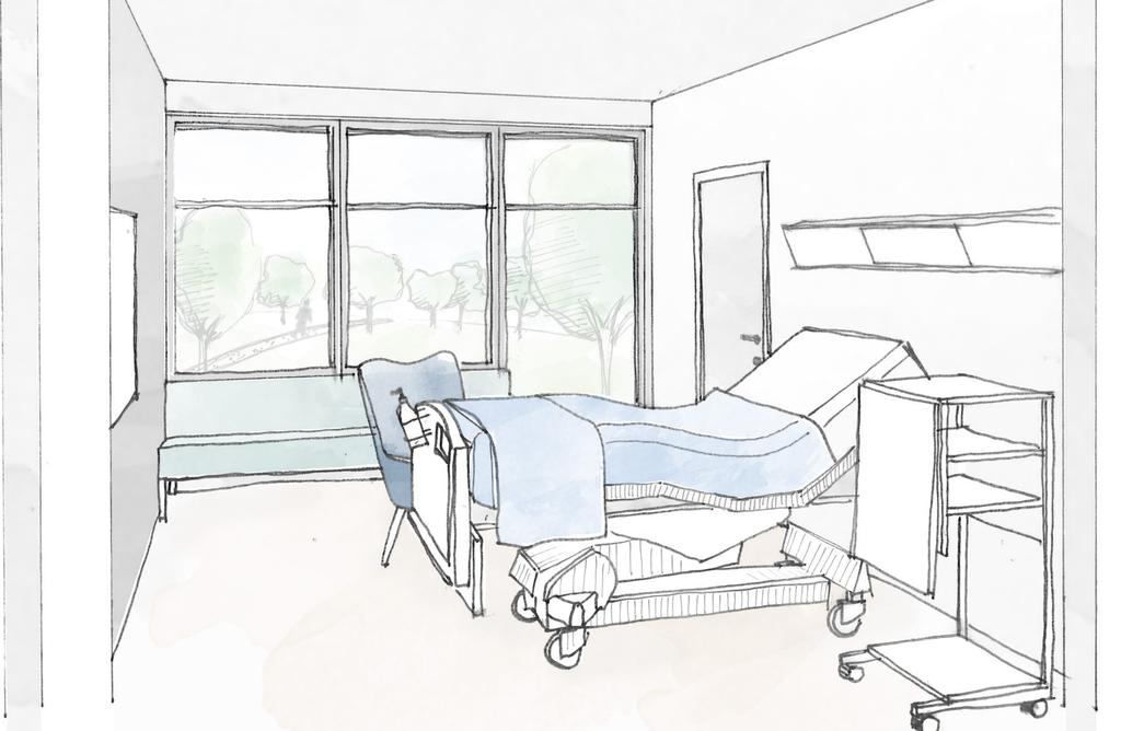 4. Vy från korridor Fönsterstorlek och placering är viktiga för att patienten ska kunna se ut genom fönstret från sin säng.