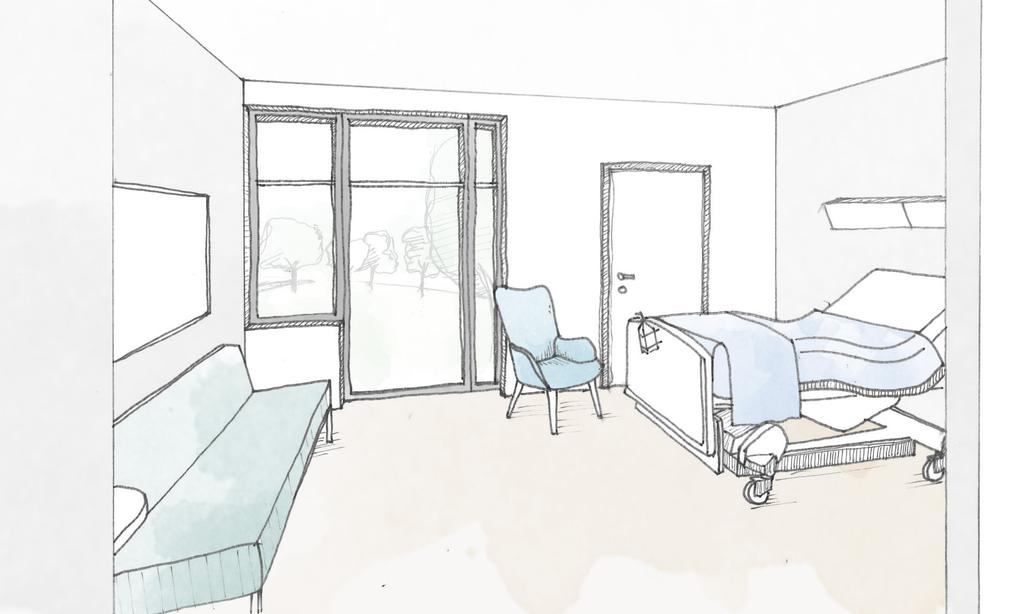 12. Vy från korridor Det finns övernattningsmöjlighet för patientens närstående på rummet.