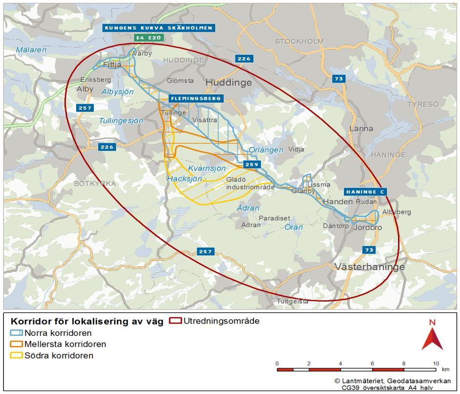 Illustration över lokalisering av studerade alternativa korridorer för Tvärförbindelse Södertörn.