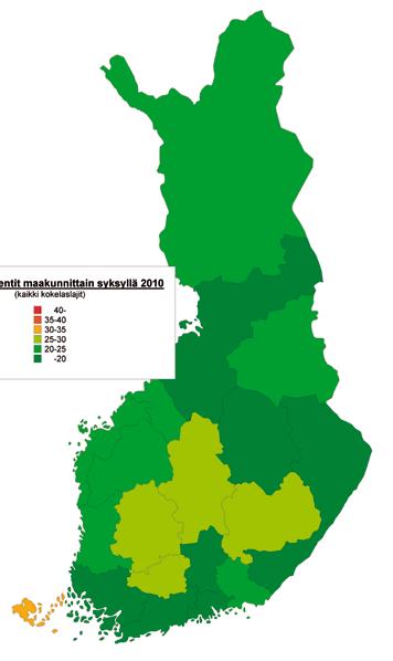 38 S T U D E N T E X A M E N 2 0 1 0 FIGUR 3.1.3 Andel underkända landskapsvis i studentexamen hösten 2010. Andelen underkända varierade då mellan 33,3 procent för Åland och 12,3 för Norra Karelen.