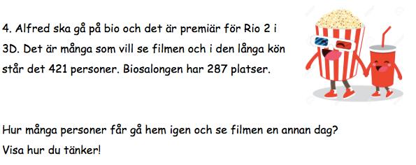 Uppgift 4 För att lösa uppgift 4 var eleverna tvungna att läsa mellan raderna då det inte framgick i texten att alla i kön inte fick plats i biosalongen.