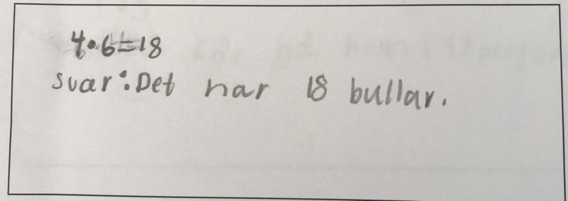 Eleven med svenska som andraspråk B visar även att hen kan använda sig av matematiska uträkningar då hen har använt sig av uppställning för att lösa uppgiften.