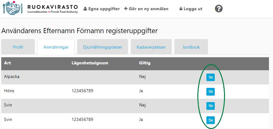 18 3.2 Uppgifter om anmälan om djurhållning och ändringsanmälan Du kan granska uppgifterna om din djurhållning genom att välja Egna uppgifter på huvudmenyn och gå till fliken Anmälningar i dina