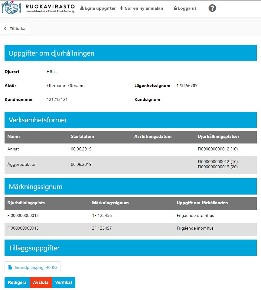 23 3.2.1 Upphörande av djurhållning Du kan avsluta din djurhållning genom att gå till uppgifterna om den djurart som du vill avsluta djurhållningen för (Egna uppgifter -> Anmälningar -> välj djurart