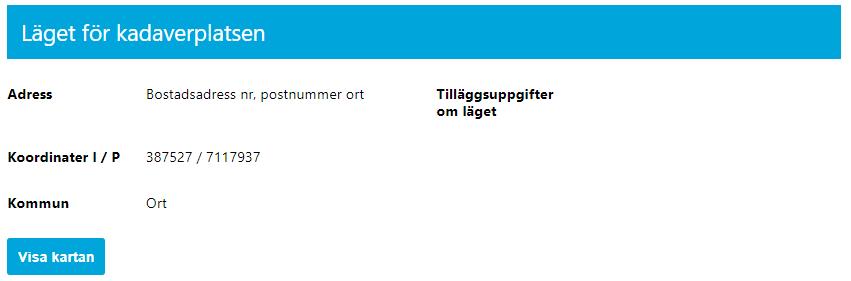 Programmet visar då mera detaljerade uppgifter om kadaverplatsen, och i delen Kadaverplats kan endast Namn