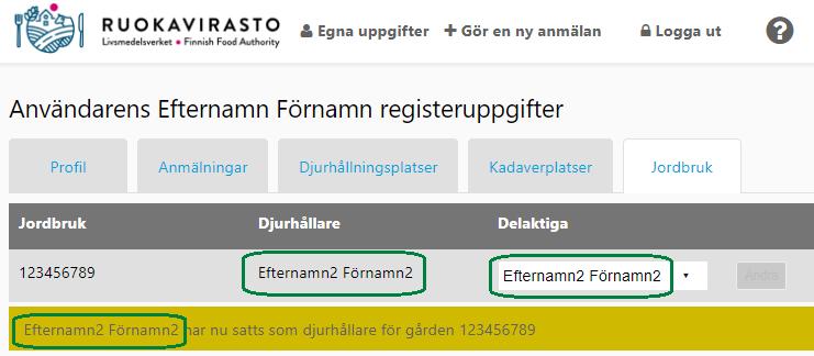 Programmet kvitterar en lyckad ändring med ett meddelande på gul botten.