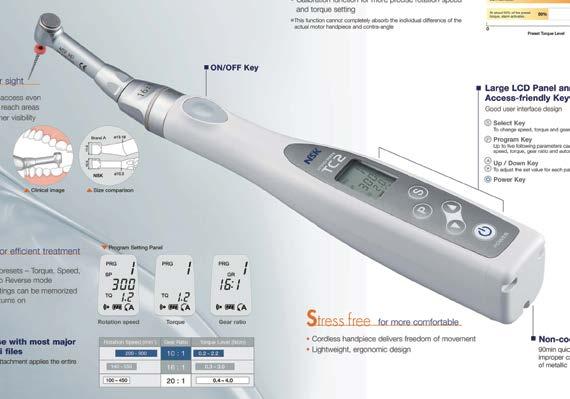 NSK mobil tandvård Endo-mate TC2 säker kanalrensning Endo-Mate TC 2 har 5 möjliga vridmomentsinställningar. Vid uppnått motstånd stannar filen och backar upp.