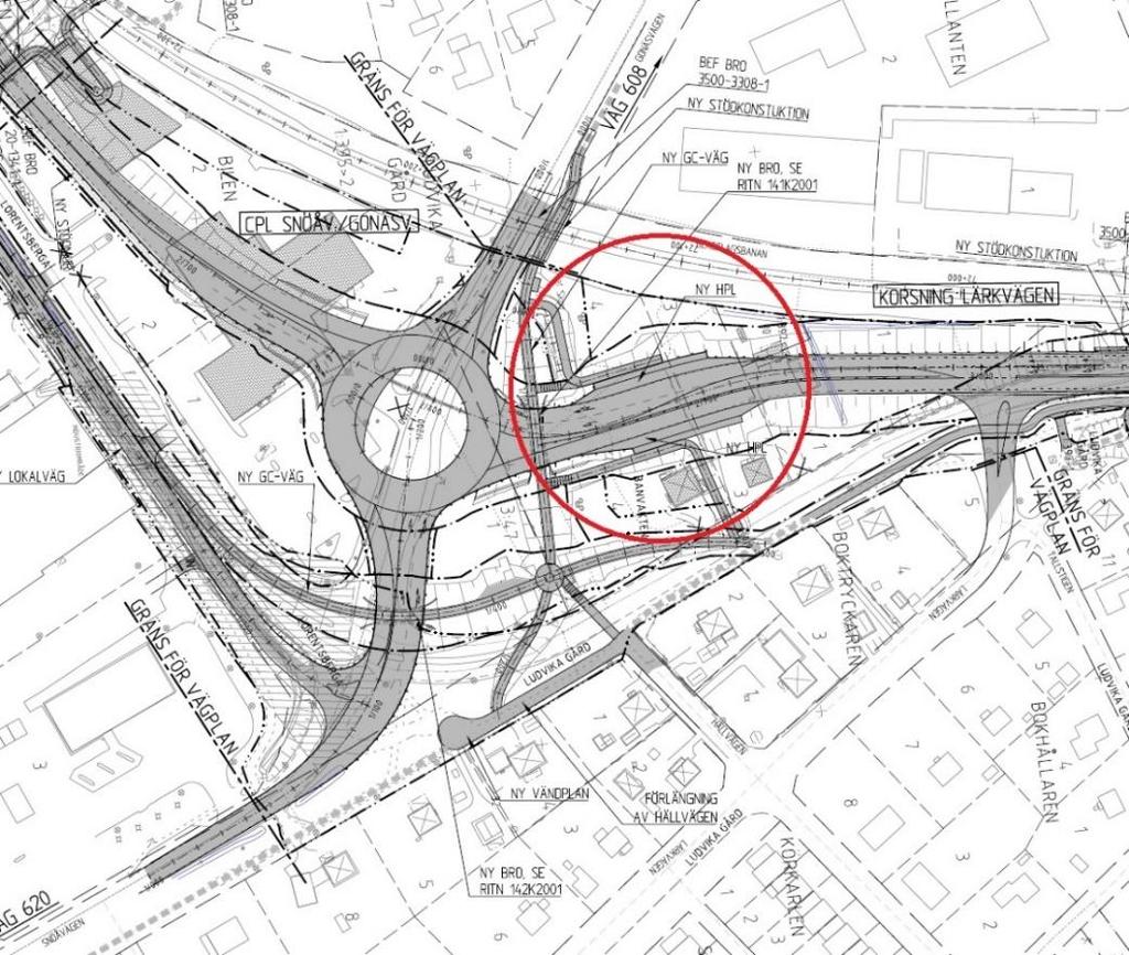 Ludvika Kommun Planbeskrivning Gonäsvägen - Snöåvägen 15(26) Vid cirkulationsplatsen kommer två planskilda korsningar finnas för gång- och cykeltrafikanter.