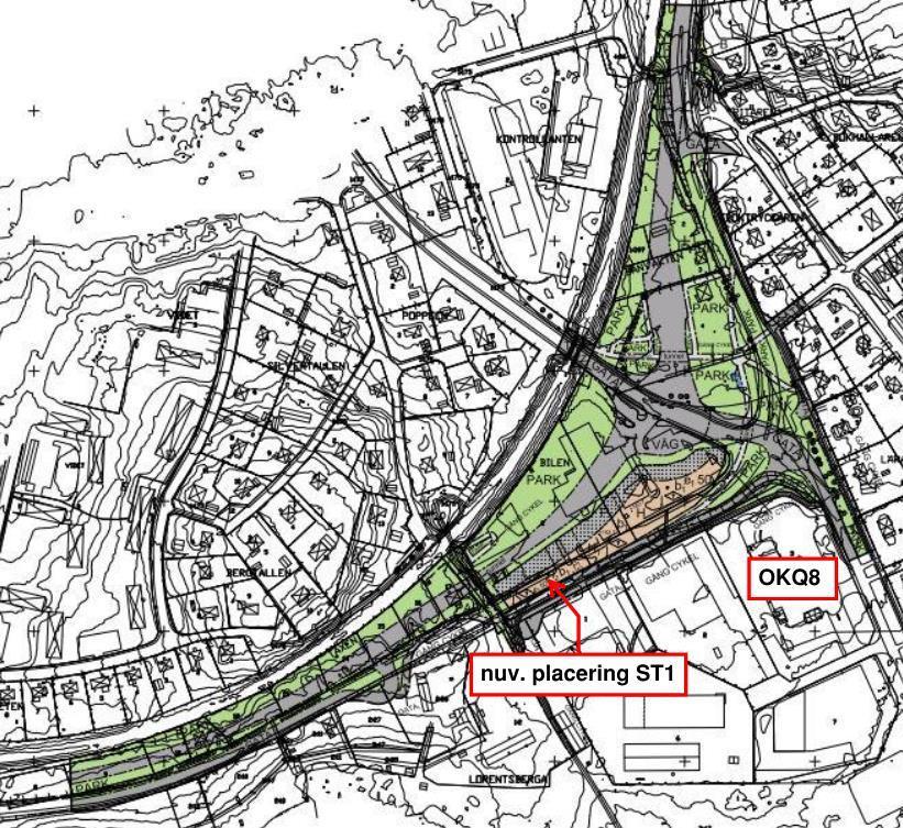 Figur 3. Urklipp från detaljplaneförslag för del av Lorentsberga 3:47 med flera. Grön yta markerar anlagd park, orange yta utgör handelsytor och gråprickad mark utgör ytor som inte får bebyggas.