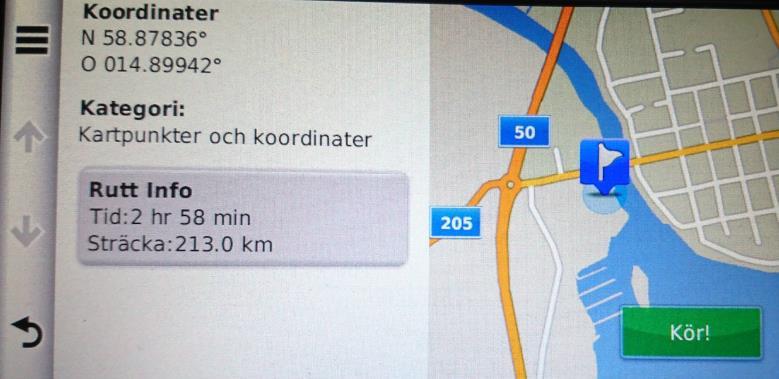 Nu har du två alternativ: a) Trycka på Kör för att direkt få köranvisningarna till destinationen.