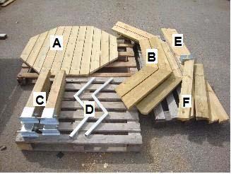 Monteringsanvisning Tillgängliga Oktagonen 2-6 och 2-8 Kontrollera din leverans A: 1 st. Bordsskiva B: 2 st. Sittbänkar. C: 4 st. Ben med hylsor D: 2 st. Z-Profil. E: 2 st. Längre bärlinor. F: 4 st.