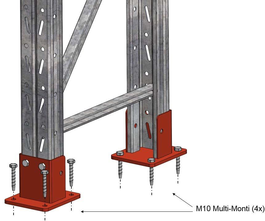 7. FÖRANKRING AV STÄLLAGET 7.1 Förankring till golv sker med Multi-Monti M10x60. Fyra stycken skruvar används för varje gavelfot.