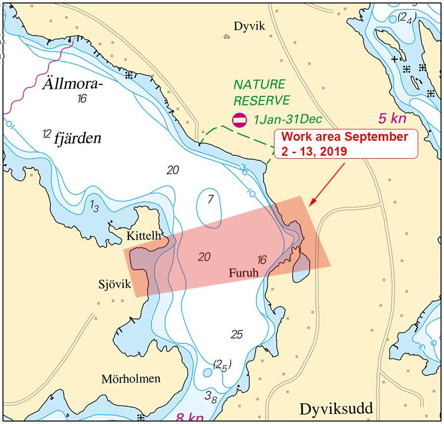 2019-08-29 6 Nr 770 Bsp Stockholm M 2018/s34 Ällmorafjärden sjökabel SUAB. Publ. 29 augusti 2019 * 14257 (T) Sjökort: 61, 616, 6162, 6163, 62 Sverige. Norra Östersjön. O om Utö. Skjutvarning.