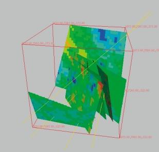 Figure 6-26. Basic March 99 structural model with heterogeneity in transmissivity, T on a 20 m scale. The colour shading indicates the scale of variability in T.