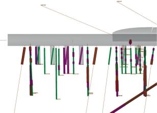 Figure 4-6. Section transmissivities visualised as cylinders. Modelling in 3D with RVS has shown to be a technique that can speed up the process of visualising database records significantly.
