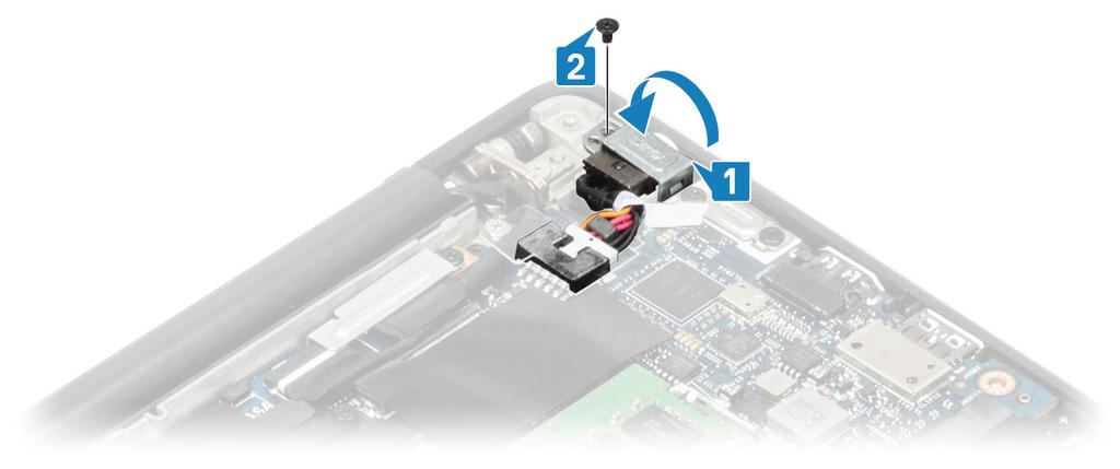 3. Sätt tillbaka metallfästet över nätadapterporten [1]. 4. Byt ut den enda (M2x3) skruven för att fästa nätadapterns port på handledsstödsenheten [2]. 1. Installera batteriet. 2. Installera kåpan. 3.