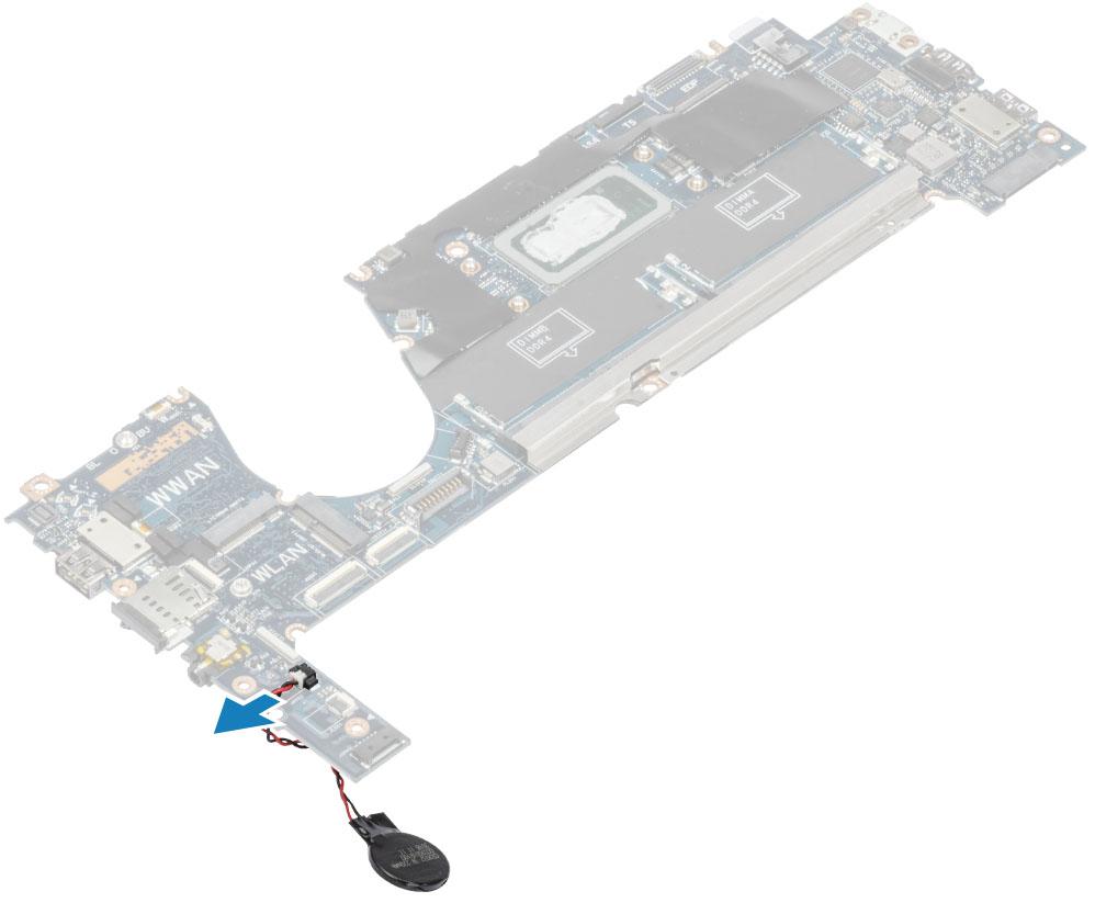 Knappcellsbatteri Tar bort knappcellsbatteriet 1. Följ anvisningarna i innan du arbetar inuti datorn. 2. Ta bort kåpan. 3. Ta bort batteriet. 4. Ta bort minnet. 5. Ta bort SSD 6. Ta bort WLAN-kortet.