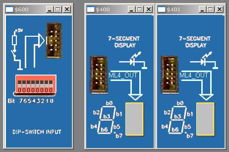 1.10 En 8-bitars strömbrytare "DIP-SWITCH INPUT" och tre sjusifferindikatorer "7-SEGMENT DISPLAY" är anslutna till adresserna $0600 respektive $0400,$401 och $402 i ett MC12 mikrodatorsystem.