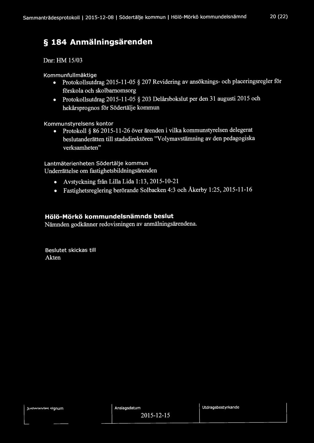 Sammanträdesprotokoll l 2015-12-08 l Södertälje kommun l Hölö-Mörkö kommundelsnämnd 20 (22) 184 Anmälningsärenden Dnr: HM 15/03 Kommunfullmäktige Protokollsutdrag 2015-11-05 207 Revidering av