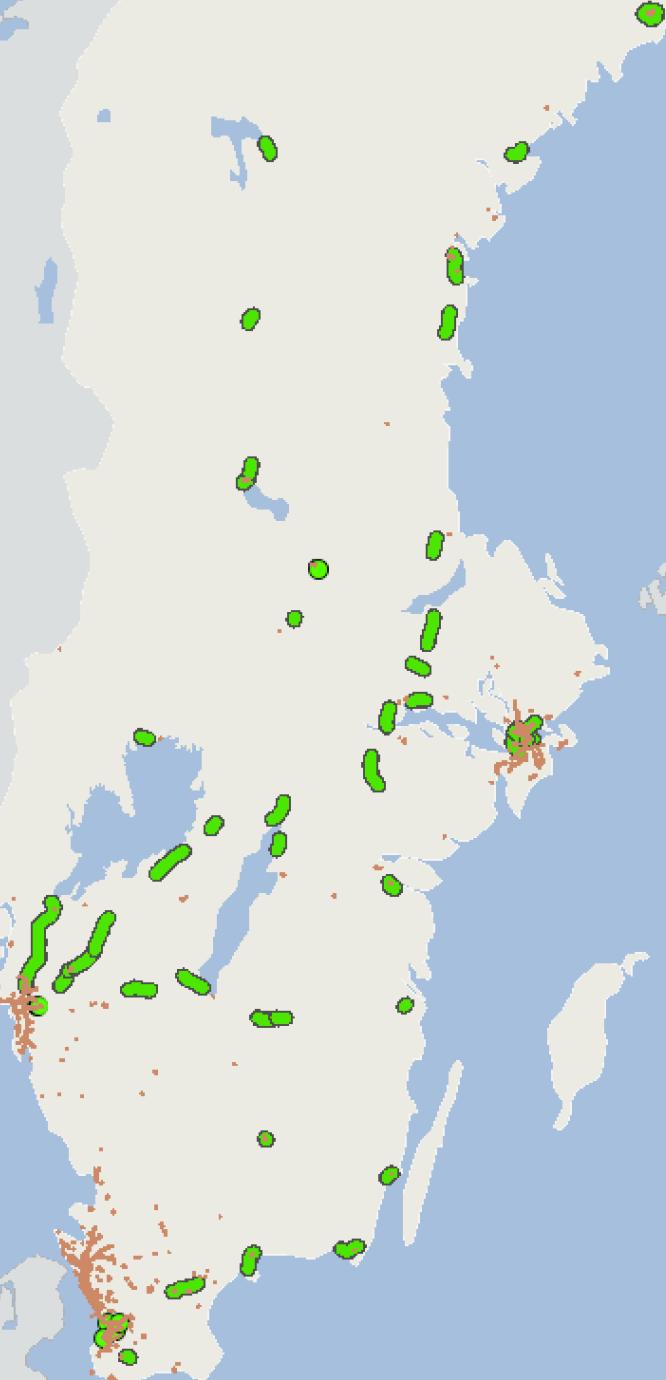 Figur 27. Väginvesteringsobjekt ur befintlig plan (grön) samt sträckor med risk för överskridande av MKN för kvävedioxid (brun) (Trafikverket, 2017h).