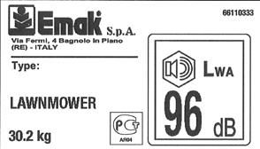 S 6 - Märke och maskinmodell 7 - Tekniska data 8 - Garantirana razina 9 - Serienummer 10 - CE-märke för överensstämmelse 11 - Produktionsår 12 - Maskintyp: GRÄSKLIPPARE 12 11 SLO 6 - Znamka in model