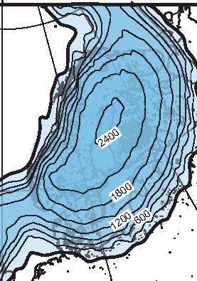 Konturlinjerna visar isytans höjd med ett intervall på 300 m. Alla kartor visar det nuvarande läget för strandlinjen.
