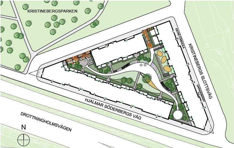 4 (13) Dp 2007-37127-54 Triangulärt bostadskvarter med underbyggd gård, ÅWL Arkitekter Kvarteret är slutet mot trafiklederna Essingeleden och Drottningholmsvägen, mot Drottningholmsvägen med hjälp av